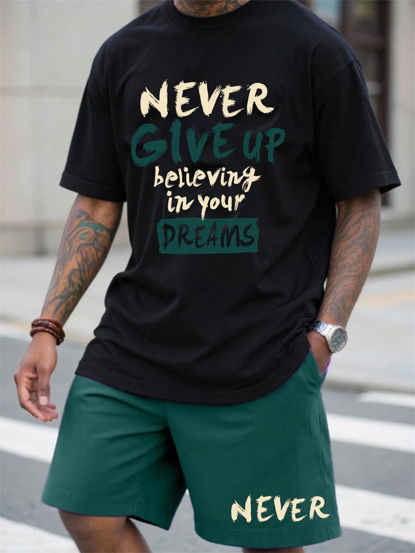 Sorvial Men's Letter Print Round Neck Short Sleeve T-Shirt And Casual Drawstring Waist Pocket Shorts Set
