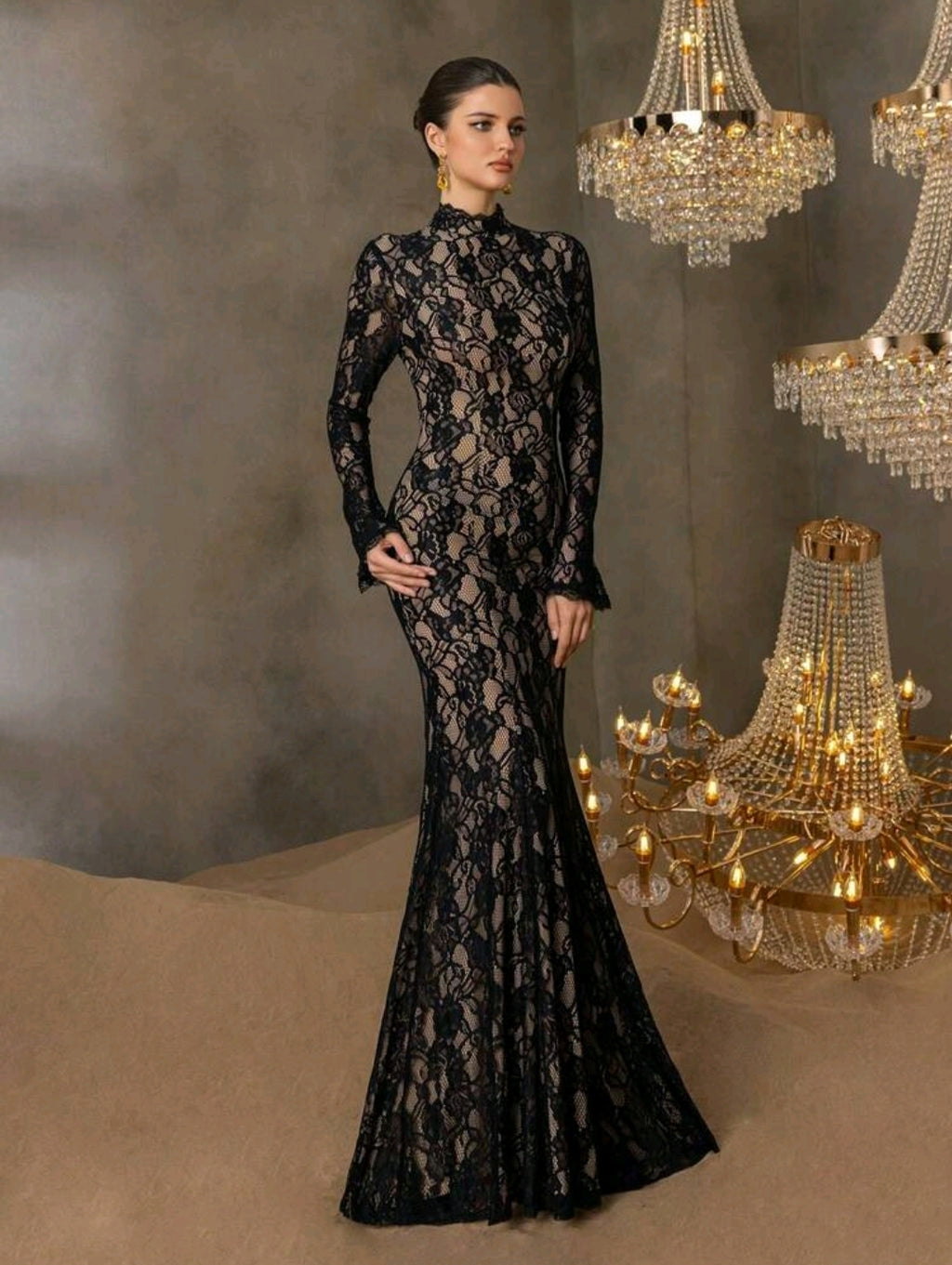 Faeriesty This Elegant Women's Formal Evening Gown Features A Sophisticated Stand Collar, Long Sleeves, And A Captivating Mermaid-Style Skirt, Making It Suitable For Grand Weddings, Luxurious Ballroom Galas, High-End Corporate Events, Exclusive Charity Di