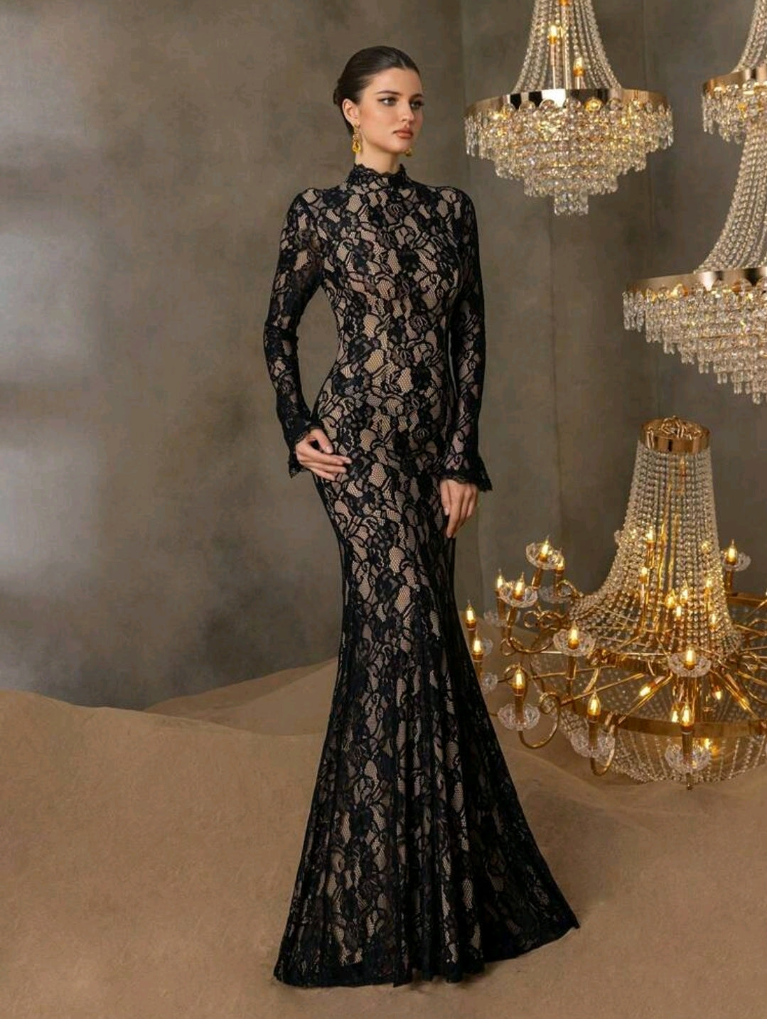 Faeriesty This Elegant Women's Formal Evening Gown Features A Sophisticated Stand Collar, Long Sleeves, And A Captivating Mermaid-Style Skirt, Making It Suitable For Grand Weddings, Luxurious Ballroom Galas, High-End Corporate Events, Exclusive Charity Di