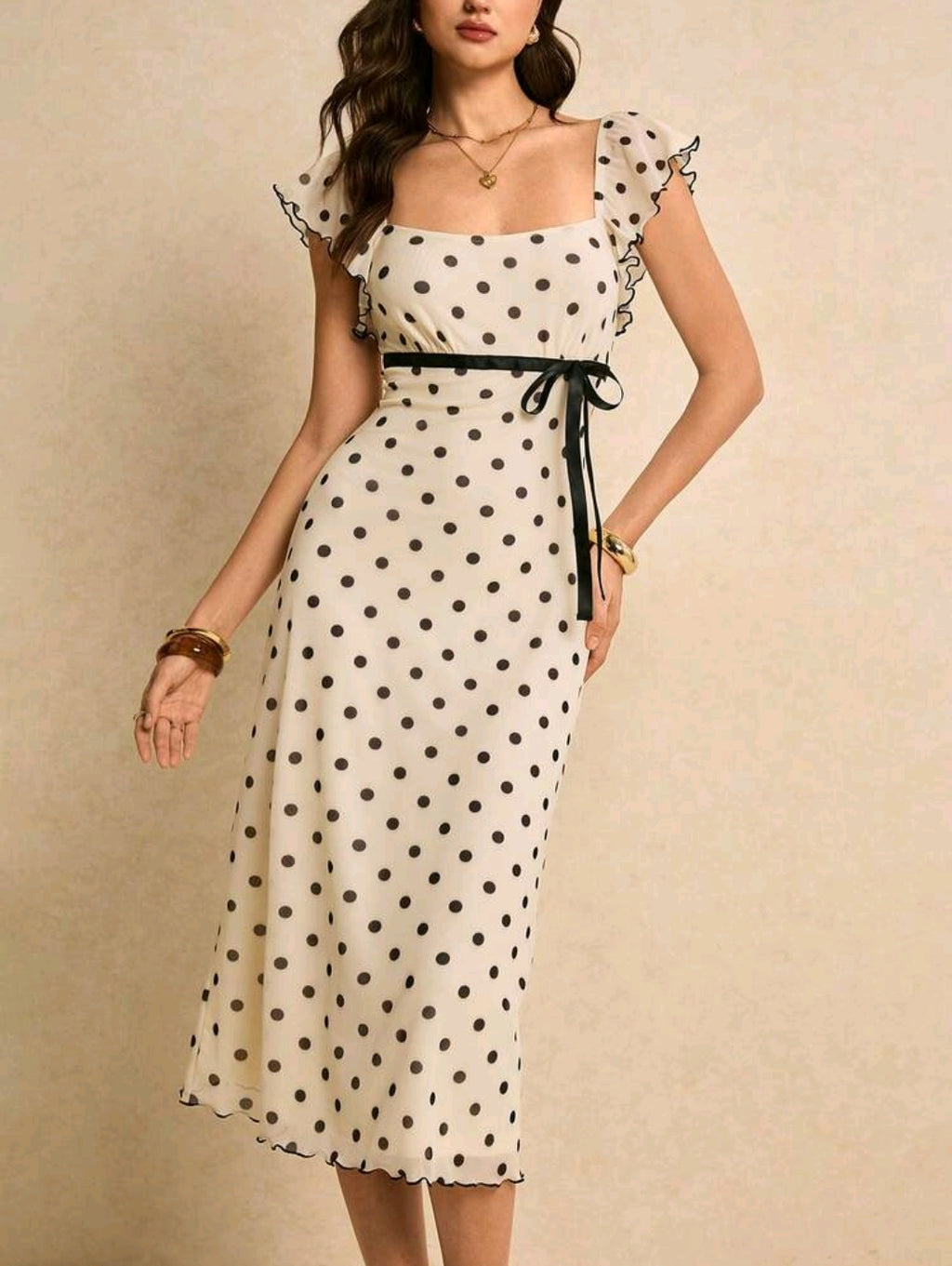 Poéselle Women's Fitted Midi Polka Dot Dress With Square Neck Short Sleeves And Zipper Detail Elegant Apricot Knitted Fabric