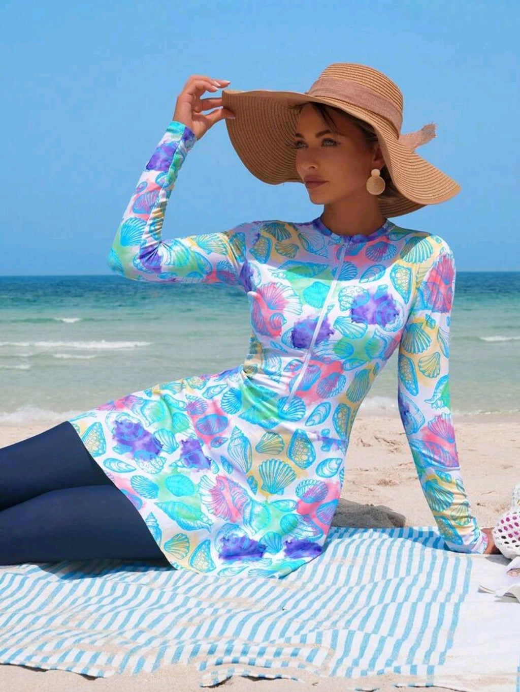 Swim Shayni 2pcs/Set Women's White Base Colorful Seashell Random Print Long Sleeve Half Zip Bodycon Top And A-Line Dress With Leggings, Middle Eastern Ladies Bikini