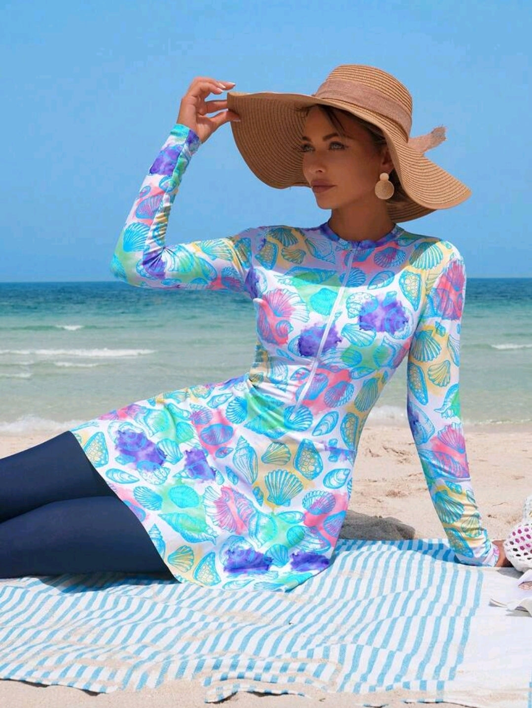 Swim Shayni 2pcs/Set Women's White Base Colorful Seashell Random Print Long Sleeve Half Zip Bodycon Top And A-Line Dress With Leggings, Middle Eastern Ladies Bikini