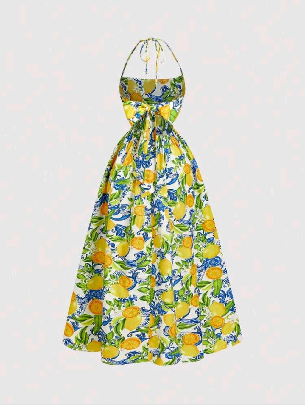 SHEIN MOD Women's Backless Bow-Tie Strap Lemon Floral Dress,Women's Vibrant Lemon Halterneck Midi Dress For Summer Picnics And Garden Parties,Resort Wear,Vacation Dress Tropical,Garden Party Dress,Halter Dress,Lemon Dress Women,Vacation Outfits Woman, Boh