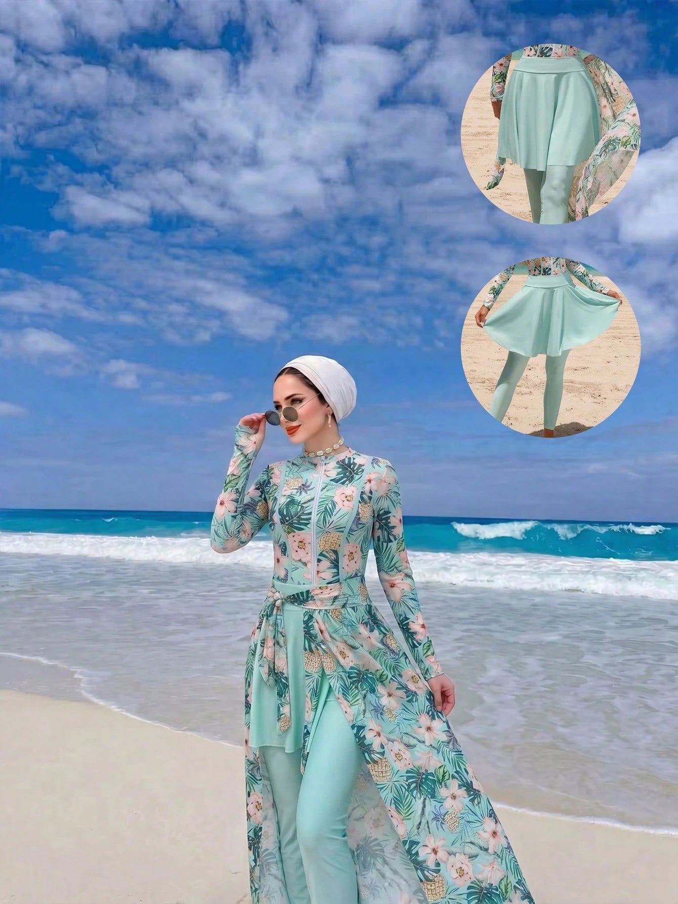 Swim Mulvari Women's 4-Piece Set, New Spring/Summer Tropical Floral Print Jumpsuit, Sheer Skirt, And Slim Fit Pants, Minimalist Yet Fashionable Vacation Swimwear, Spring/Summer