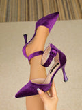 Elegant & Graceful Double-Buckle Purple Velvet High Heels, Suitable For Work And Formal Occasions