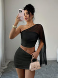 Selianne Women Plain Knitted Fabric Strapless Ruched Cloak Sleeve Crop Top And Mini Skirt Set For Party In Apricot