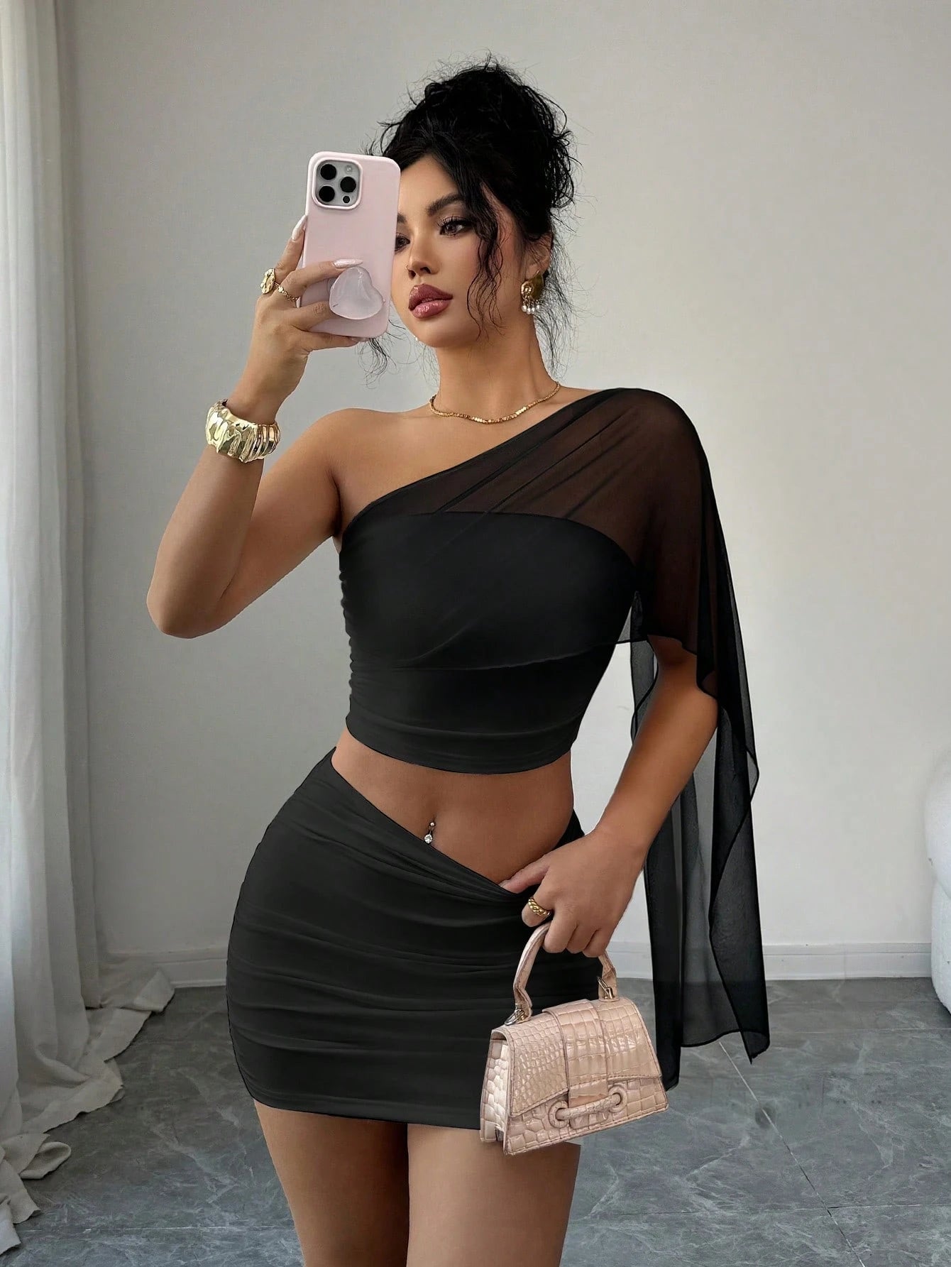 Selianne Women Plain Knitted Fabric Strapless Ruched Cloak Sleeve Crop Top And Mini Skirt Set For Party In Apricot