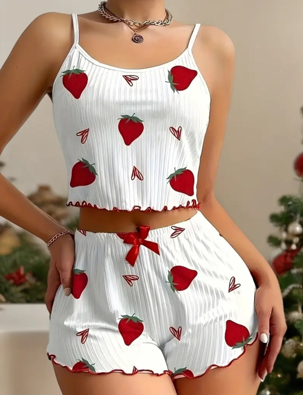 Women'S Strawberry Print Sexy Lace Ruffle Pajama Set Crew Neck Spaghetti Strap Crop Top And Bow Accent Shorts Comfortable Loose Fit Summer Sleepwear
