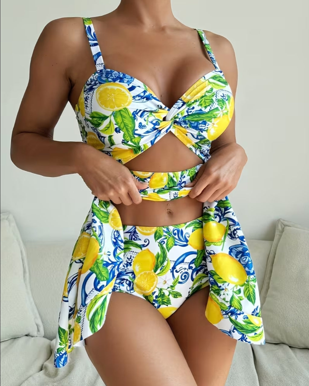 Women Fruit Lemon Print Spaghetti Strap Split Waist Hollow Splice Asymmetrical Hem Tankini & Skirt, Cute Casual Holiday Swimsuit tankini swimdress