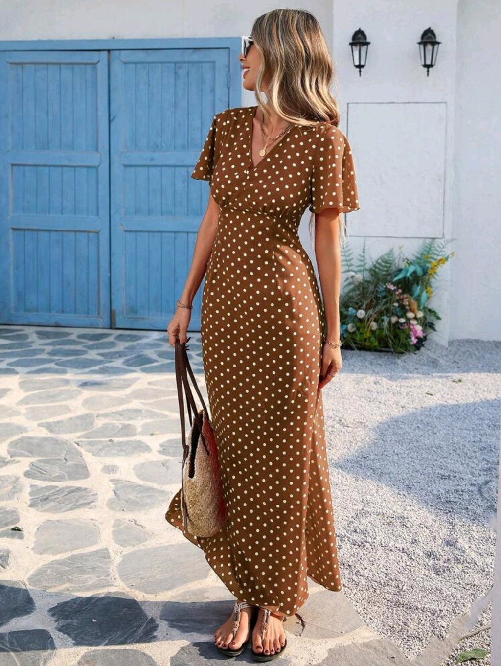 Vivid Eden Wave Pattern V-Neck Short Sleeve Fitted Women's Dress Spring And Summer Outfits, Summer Clothes, Valentine Day, Vacation Outfits Woman, Beach Outfits For Woman, Festival, Romantic And Elegant Clothing, Bohemian, BOHO, Sweet, Rave Outfits Festiv