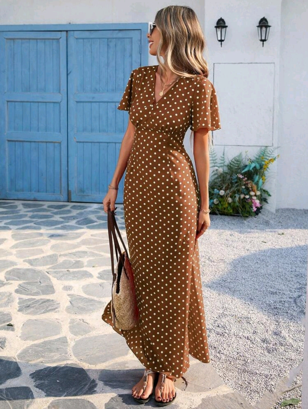 Vivid Eden Wave Pattern V-Neck Short Sleeve Fitted Women's Dress Spring And Summer Outfits, Summer Clothes, Valentine Day, Vacation Outfits Woman, Beach Outfits For Woman, Festival, Romantic And Elegant Clothing, Bohemian, BOHO, Sweet, Rave Outfits Festiv