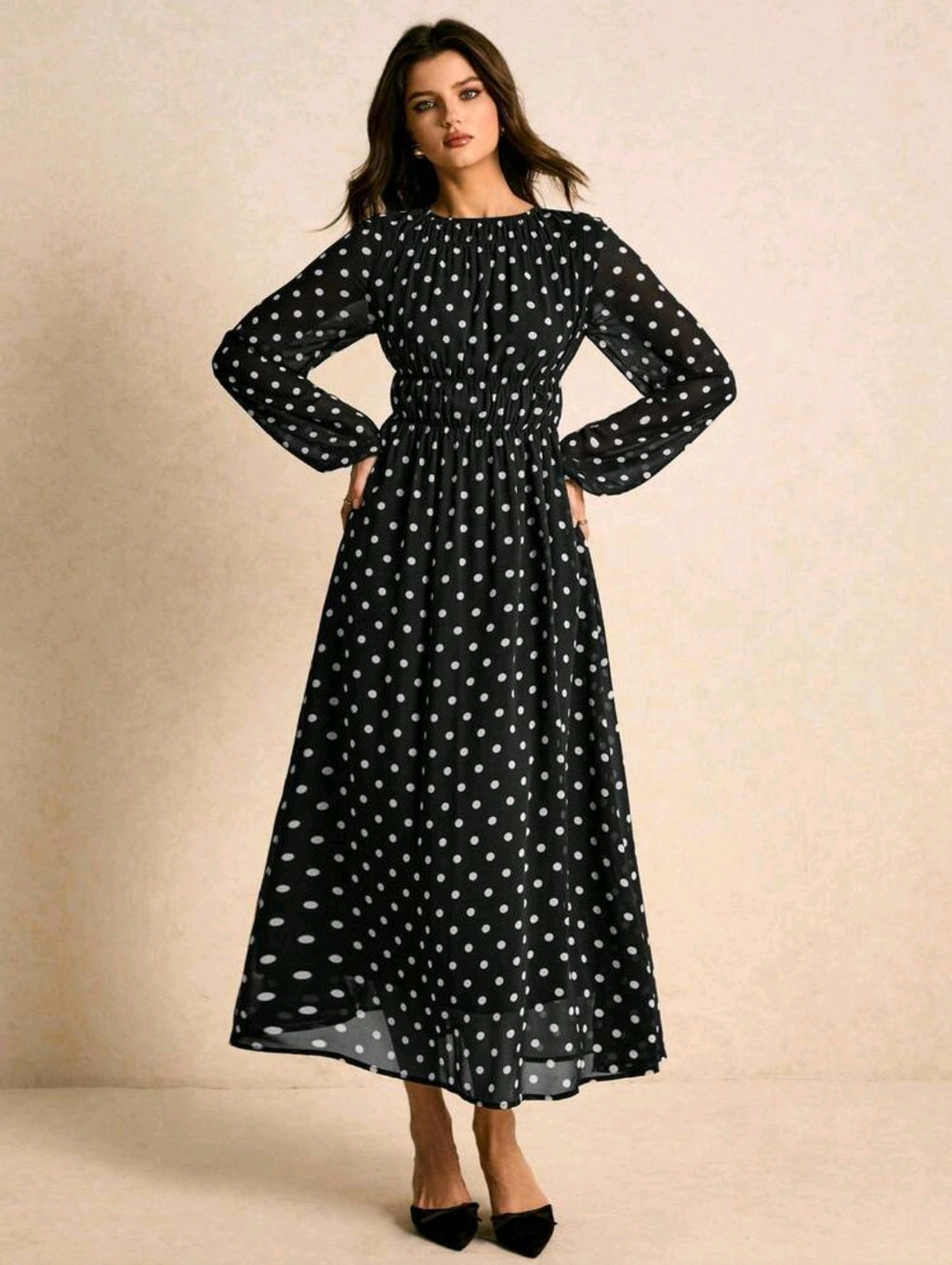 Poéselle Women's Polka Dot Print Round Neck Lantern Sleeve Ruched Long Dress, Brown Dress,Legant Dresses For Women,New Year Dress Women ,Casual Outfit For Women,Old Money Style, Suitable For Daily Wear, Going Out, Commuting,Fall/Winter