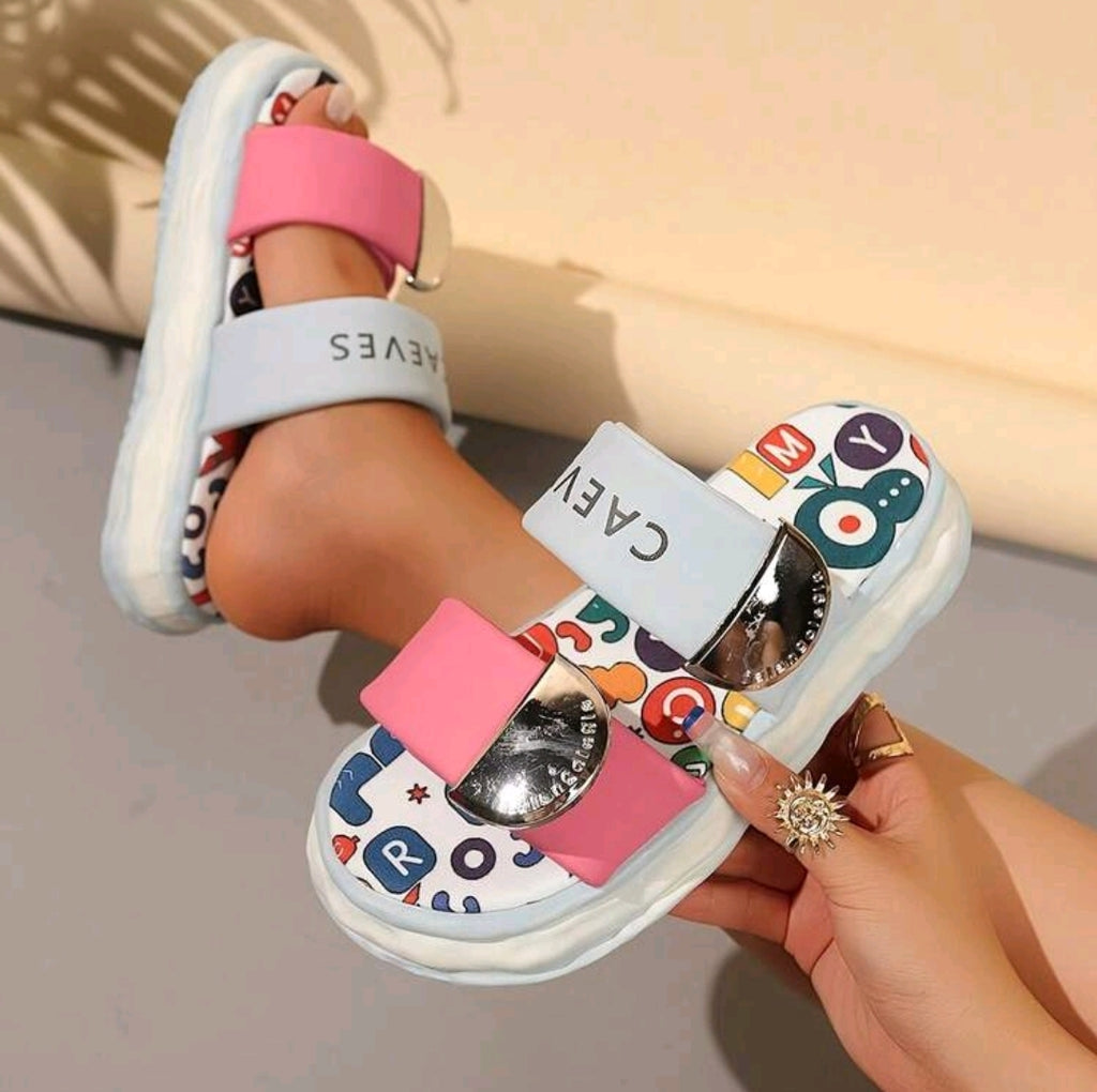Women's Thick Sole Minimalist Fashion Dopamine Graffiti Print Hook And Loop Sandals