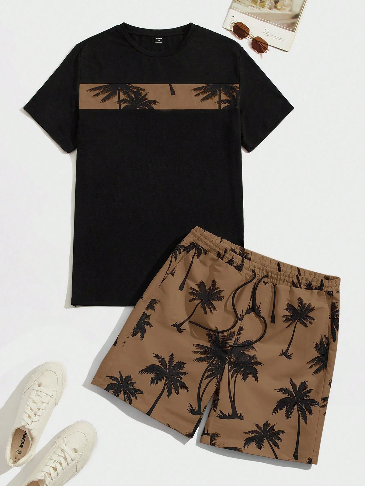 Manfinity VCAY Men's Tropical Print Colorblock Knitted T-Shirt And Drawstring Waist Shorts Set, Cozy Outfits