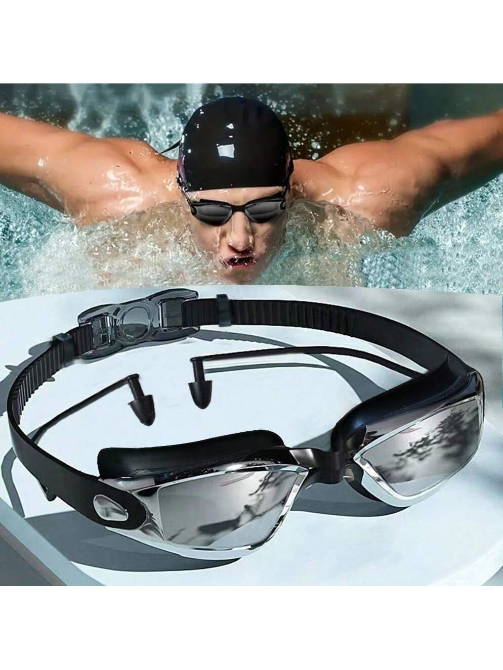 1pc, High-Definition Waterproof And Anti Fog Swimming Goggles With Earplugs For Men Women, Large Frame Electroplated Swimming Goggles,Men's And Women's Swimming Goggles, Swimming Equipment - Quick-Adjust Silicone Straps, Wide Vision - Perfect For Pool, Be