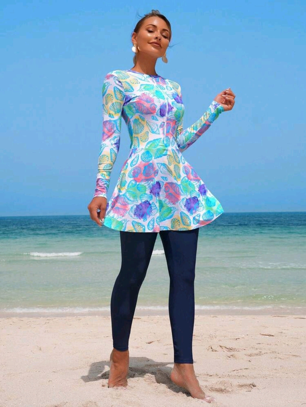 Swim Shayni 2pcs/Set Women's White Base Colorful Seashell Random Print Long Sleeve Half Zip Bodycon Top And A-Line Dress With Leggings, Middle Eastern Ladies Bikini