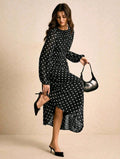 Poéselle Women's Polka Dot Print Round Neck Lantern Sleeve Ruched Long Dress, Brown Dress,Legant Dresses For Women,New Year Dress Women ,Casual Outfit For Women,Old Money Style, Suitable For Daily Wear, Going Out, Commuting,Fall/Winter
