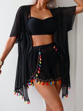 Swim Vcay 4pcs/Set Tassel Cover Up, Swim Trunks, And Basic Bikini Swimsuit Set For Beach Vacation For Summer