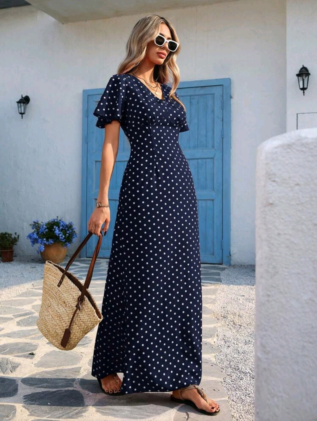 Vivid Eden Wave Pattern V-Neck Short Sleeve Fitted Women's Dress Spring And Summer Outfits, Summer Clothes, Valentine Day, Vacation Outfits Woman, Beach Outfits For Woman, Festival, Romantic And Elegant Clothing, Bohemian, BOHO, Sweet, Rave Outfits Festiv
