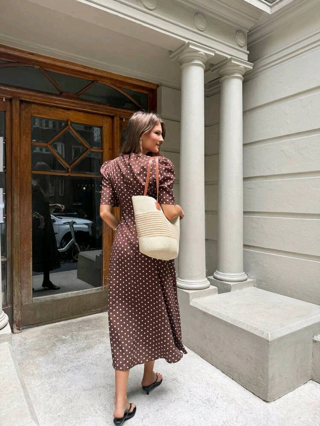Serisse Women's Polka Dot Contrast Lace V-Neck Petal Sleeve Dress,French Summer Brown Vintage Polka Dot Lace Patchwork Short Sleeve Mid-Length Dress, Waist Cinching Slimming, Elegant Streetwear/Date Outfit Best Seller, Brown Polka Dot Dress, Brown Summer
