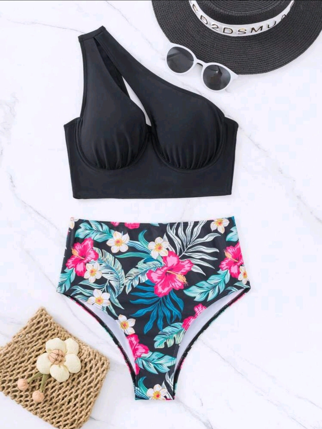 Swim Lushoire Summer Beach Plant Print Ruched Twist Front Push Up Bikini