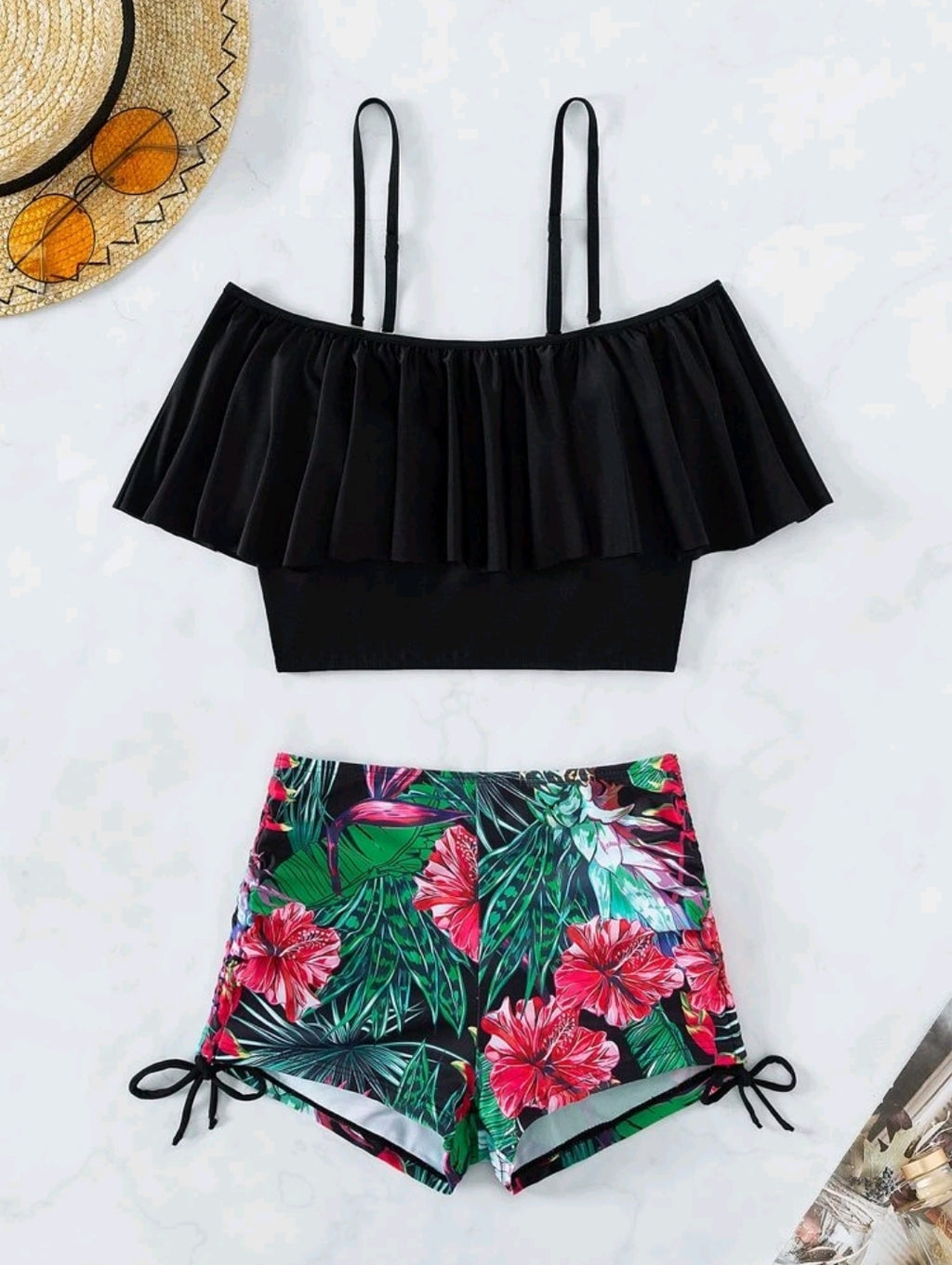 Swim Lushoire Summer Beach Tropical Tankini Set Cold Shoulder Ruffle Top & High Waisted Shorts 2 Piece Bathing Suit