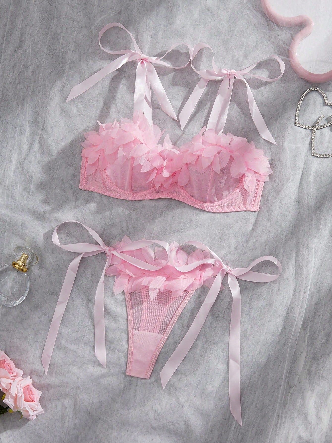 2pcs Women's Sexy Lingerie Set, Pink Mesh Bra With Exaggerated 3D Floral Lace, Tie-Up Design, Suitable For Valentine's Day