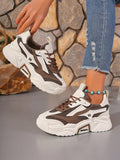 New Women Sports Thick Soled Chunky Sneakers, Brown Breathable Mesh Patchwork Casual Shoes, All Season
