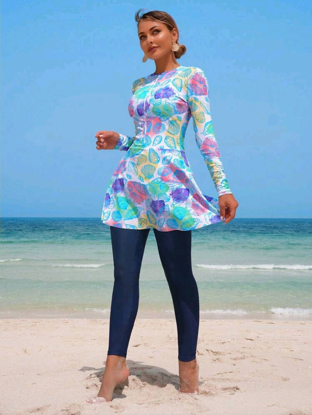 Swim Shayni 2pcs/Set Women's White Base Colorful Seashell Random Print Long Sleeve Half Zip Bodycon Top And A-Line Dress With Leggings, Middle Eastern Ladies Bikini