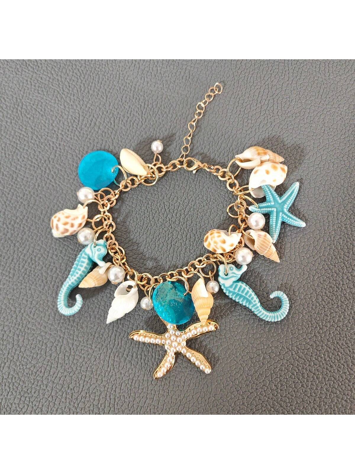 1pc Bohemian Style Alloy & Pearl Starfish Bracelet For Women, Summer Beach