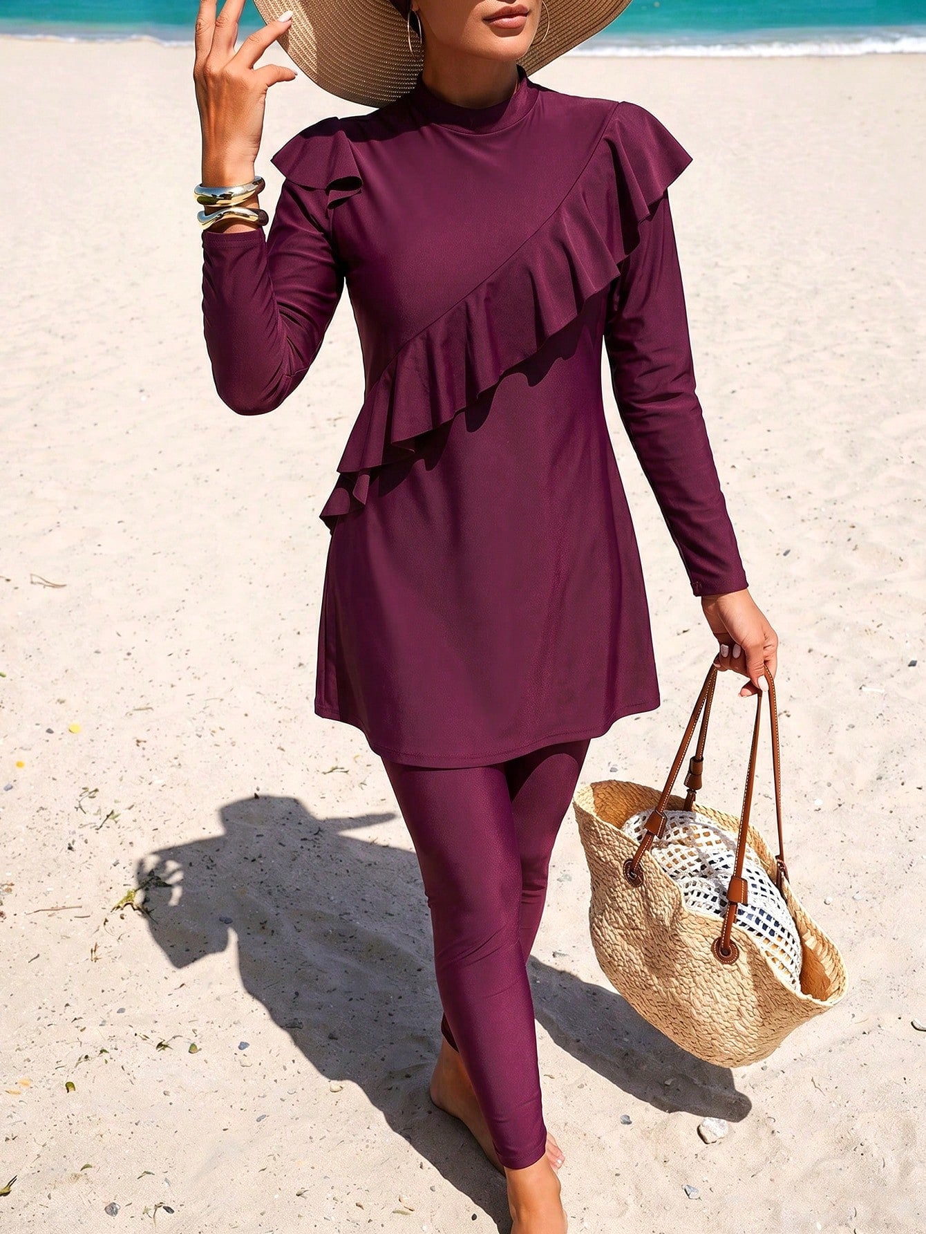 Swim Mulvari Summer Beach Ruffle Trim Full Cover Burkini Swimsuit & HatArabic Clothing