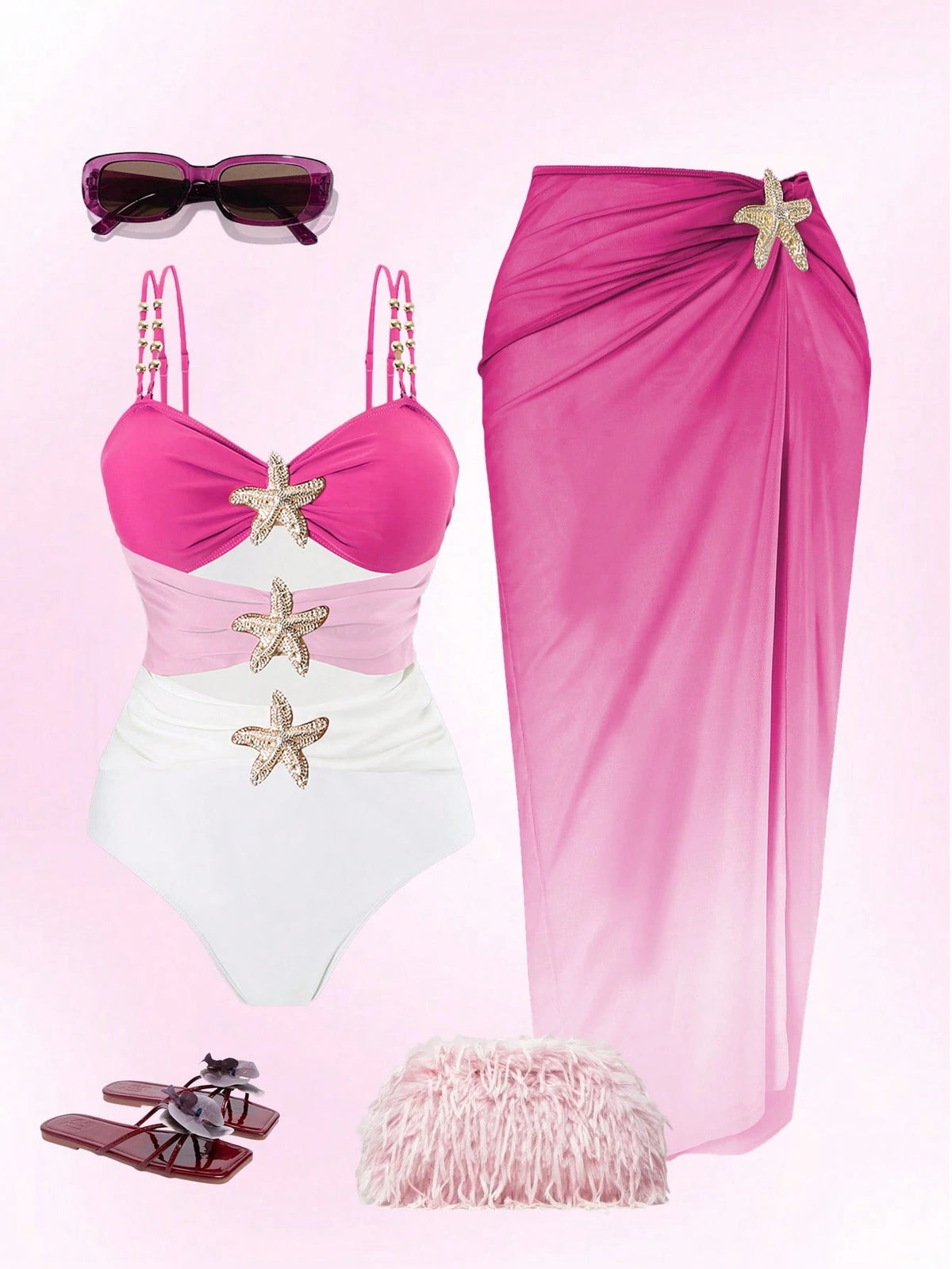 Swim Oasis Plus Size One-Piece Swimsuit, 2pcs Set, Multicolor Metal Starfish Decor, Minimalist Design, Women Summer Beach Vacation Outfit