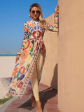 Swim Mulvari Women's New Printed Round Neck Long Sleeve One-Piece Swimsuit, Fitted Long Pants And Beach Skirt 3 Pieces Set