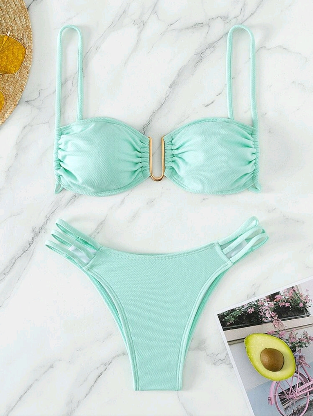 Swim Mod Women's Solid Color Ruched Sexy Bikini Swimsuit Set, U-Shaped Wire