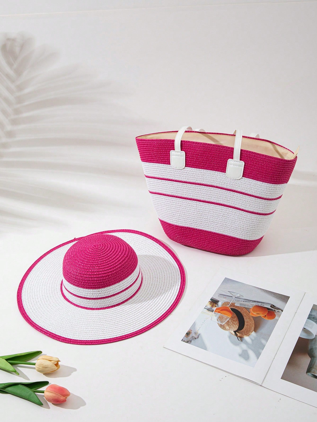 1 Piece Contrast Color Striped Straw Hat + 1 Piece Straw Bag