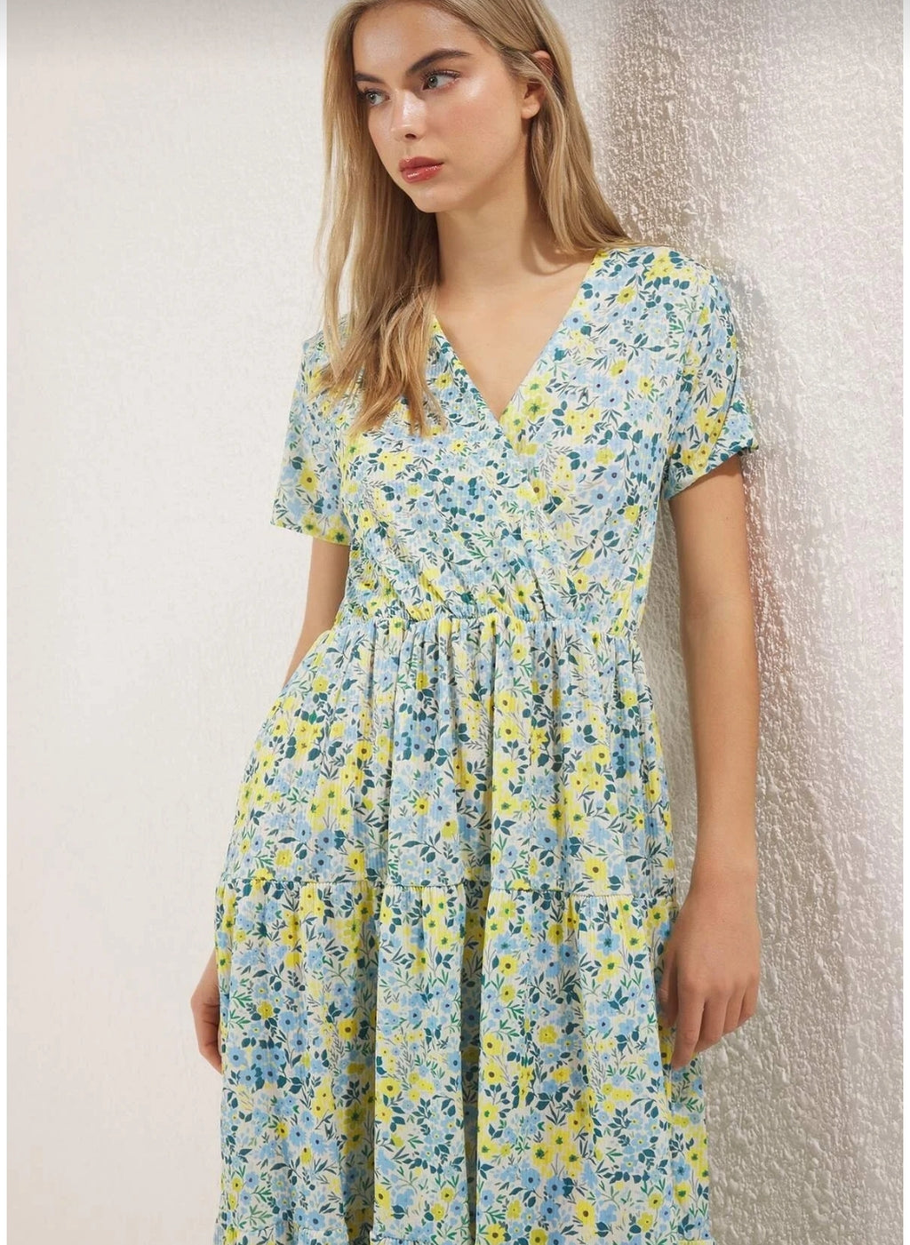 Yellow Floral Printed Double Breasted Stretchy Skater/
Waist Cut Midi Knitted Dress Twoss24El00417