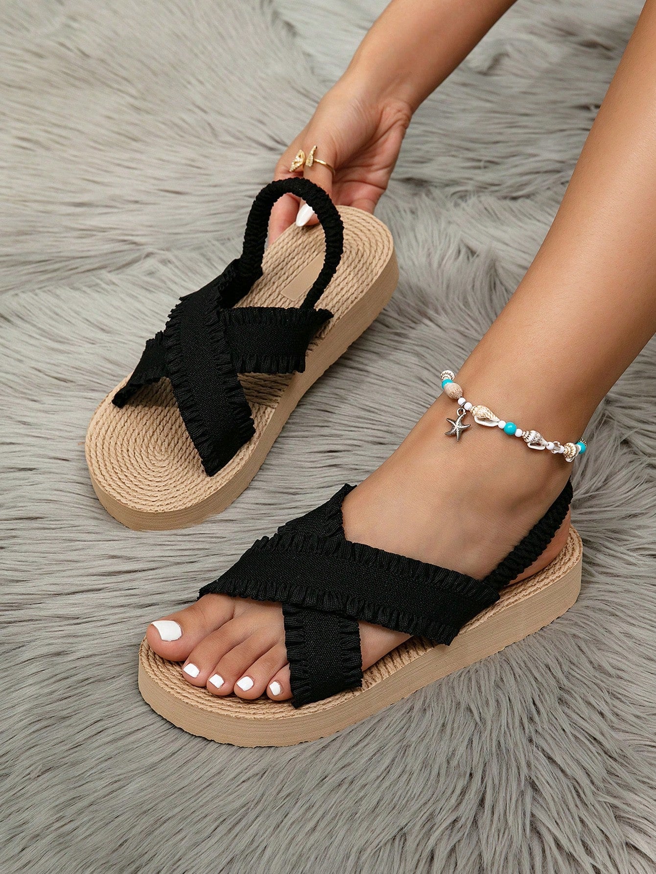 Women's Summer Wedge Sandals, Thick Sole Low Heel Open Toe Criss-Cross Strap Tassel Fringe Sandals, Brown, Beige, Suitable For Outdoor, Beach, Travel, Mix And Match, White