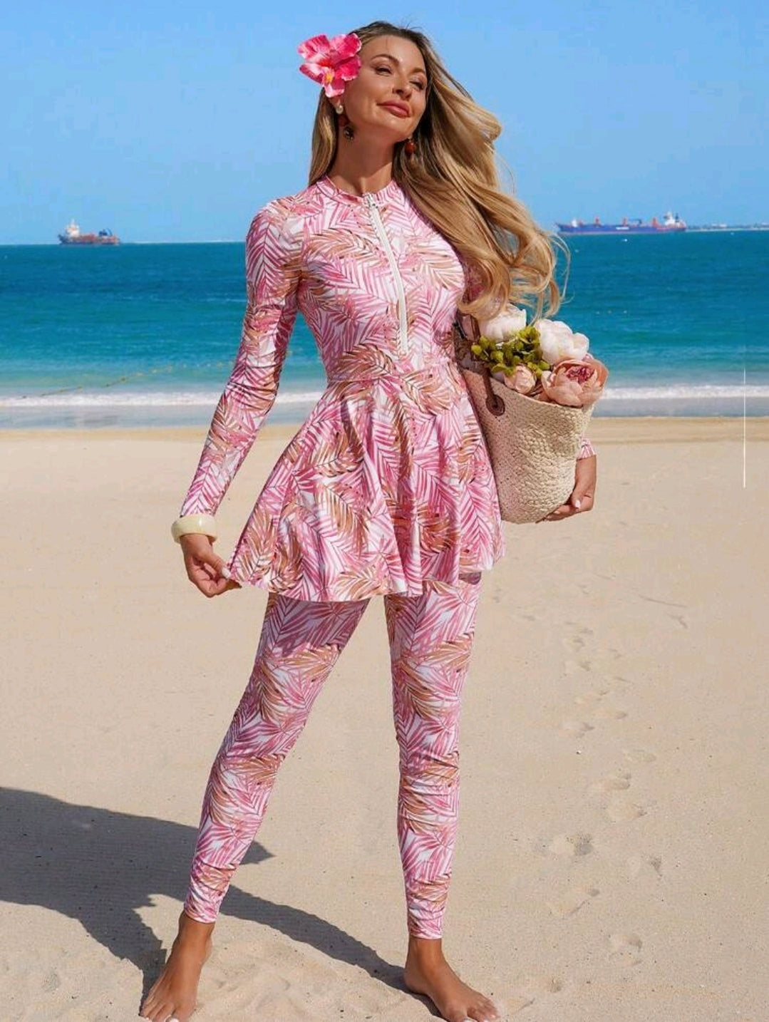 Swim Shayni 2026SS Pink Elegant & Comfortable Vacation Casual Beach Burkini For Women 2026SS New Women's Swimwear Arrival For Holiday, Date, Western, Cruise, Beach, Island, Road Trip, All Seasons, Music Festival, Boho Vacation,Bohemian Vacation, Chill Aut