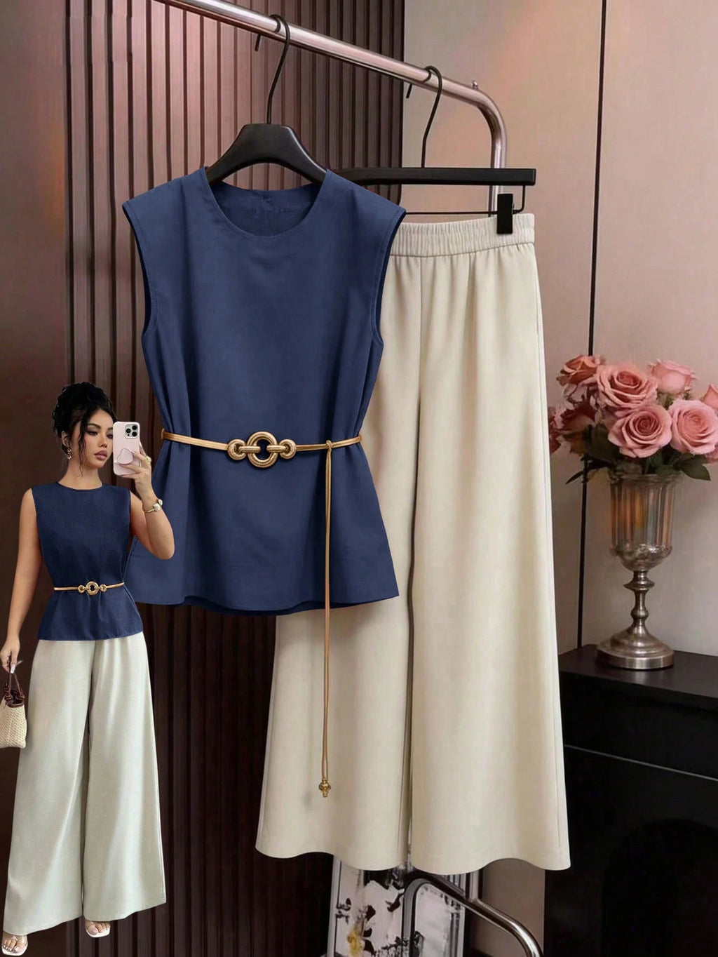 Elenzga 2pcs/Set Spring/Summer New Dual-Color Bamboo Fiber Sleeveless Top + Wide Leg Pants, Orange Top & Apricot Pants, Elegant Casual Commuter Outfit For Women