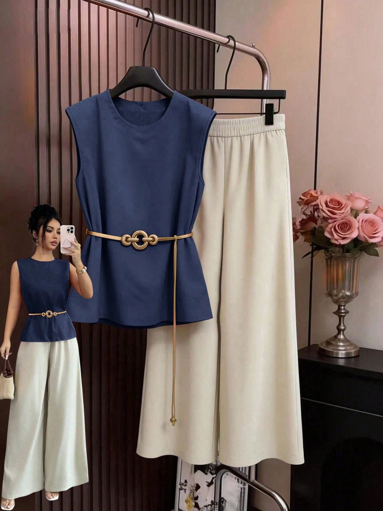 Elenzga 2pcs/Set Spring/Summer New Dual-Color Bamboo Fiber Sleeveless Top + Wide Leg Pants, Orange Top & Apricot Pants, Elegant Casual Commuter Outfit For Women