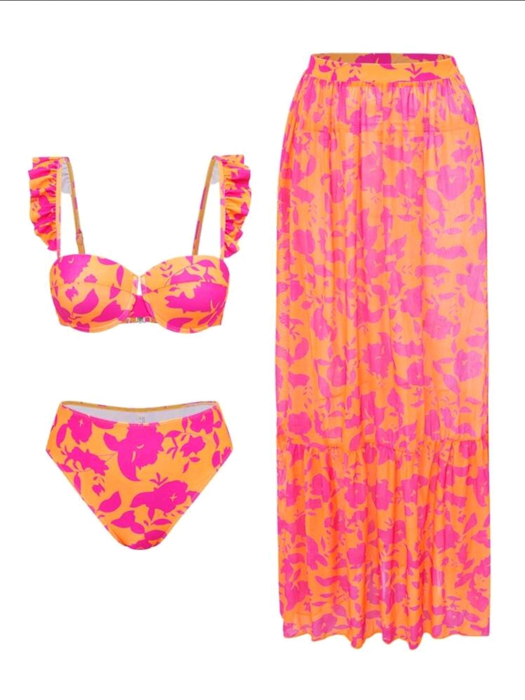 Swim Oasis 3pcs/Set Women's Summer Beach Vacation Sexy Floral Print Push Up Ruffle Strap Top And High Waisted Swimwear With Double Ruffle Mesh Cover Up Maxi Dress Bikini Set