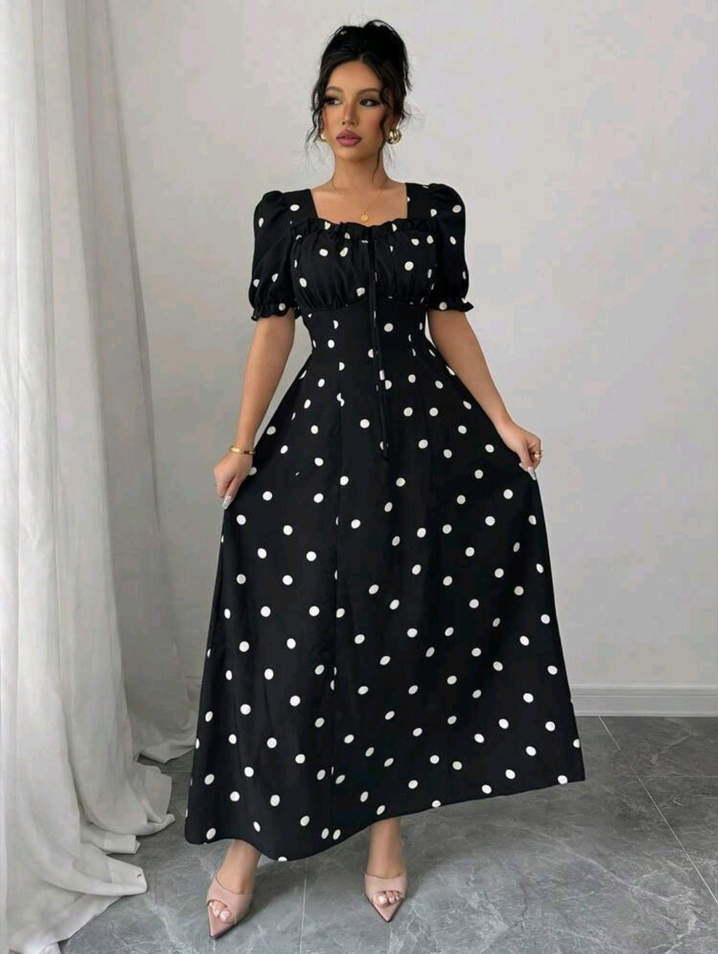 Rafferiza Stylish Women's Black Polka Dot A Line Long Dress With Sweetheart Neckline And Short Puff Sleeves