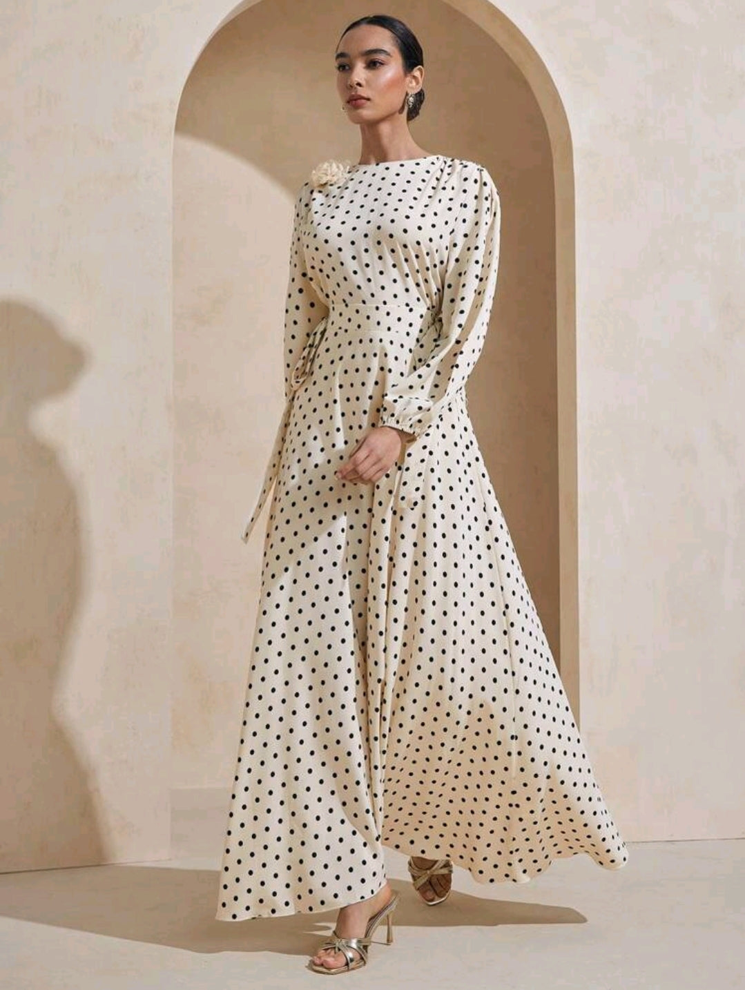 Graceveil Elastic Waist Tie-Up Polka Dot Floral 3D Decor Loose Sleeve Arabic Style Dress Modest Modest Polka Dot Dress