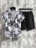 Manfinity RSRT Men's Coconut Tree Print Button-Down Short Sleeve Shirt And Shorts 2 Pieces Casual Outfit