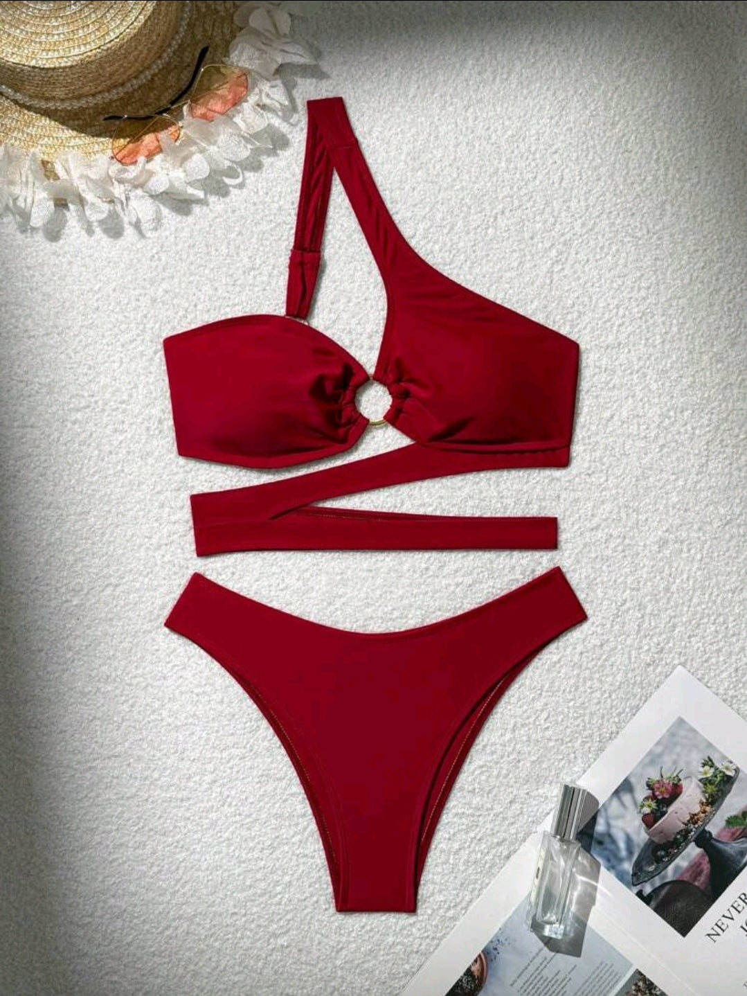 Swim SXY 2025 Women's Solid Color Sexy Cutout One-Shoulder Bikini Set For Beach Vacation Summer