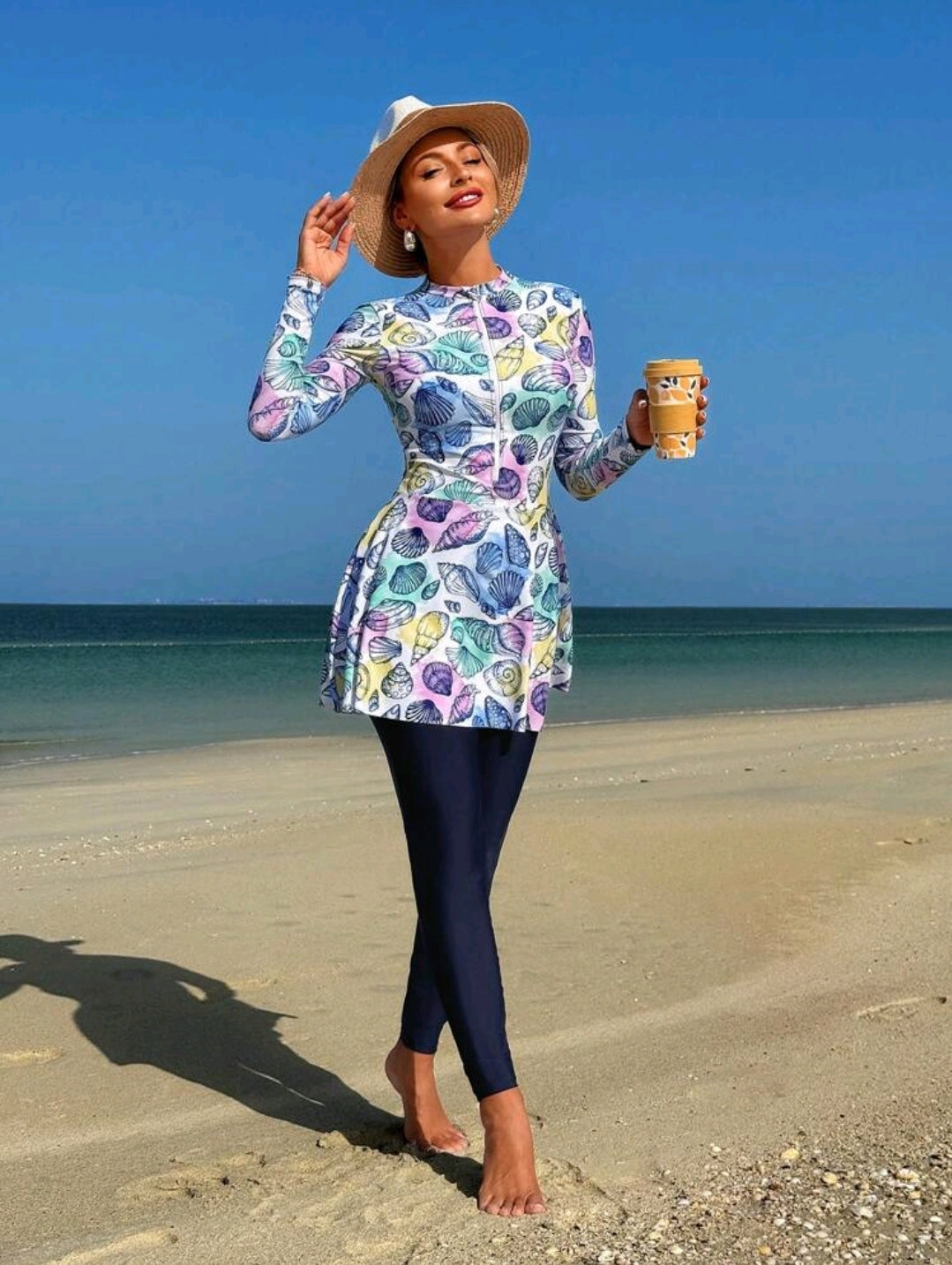 Swim Shayni 2pcs/Set Women's White Base Colorful Seashell Random Print Long Sleeve Half Zip Bodycon Top And A-Line Dress With Leggings, Middle Eastern Ladies Bikini