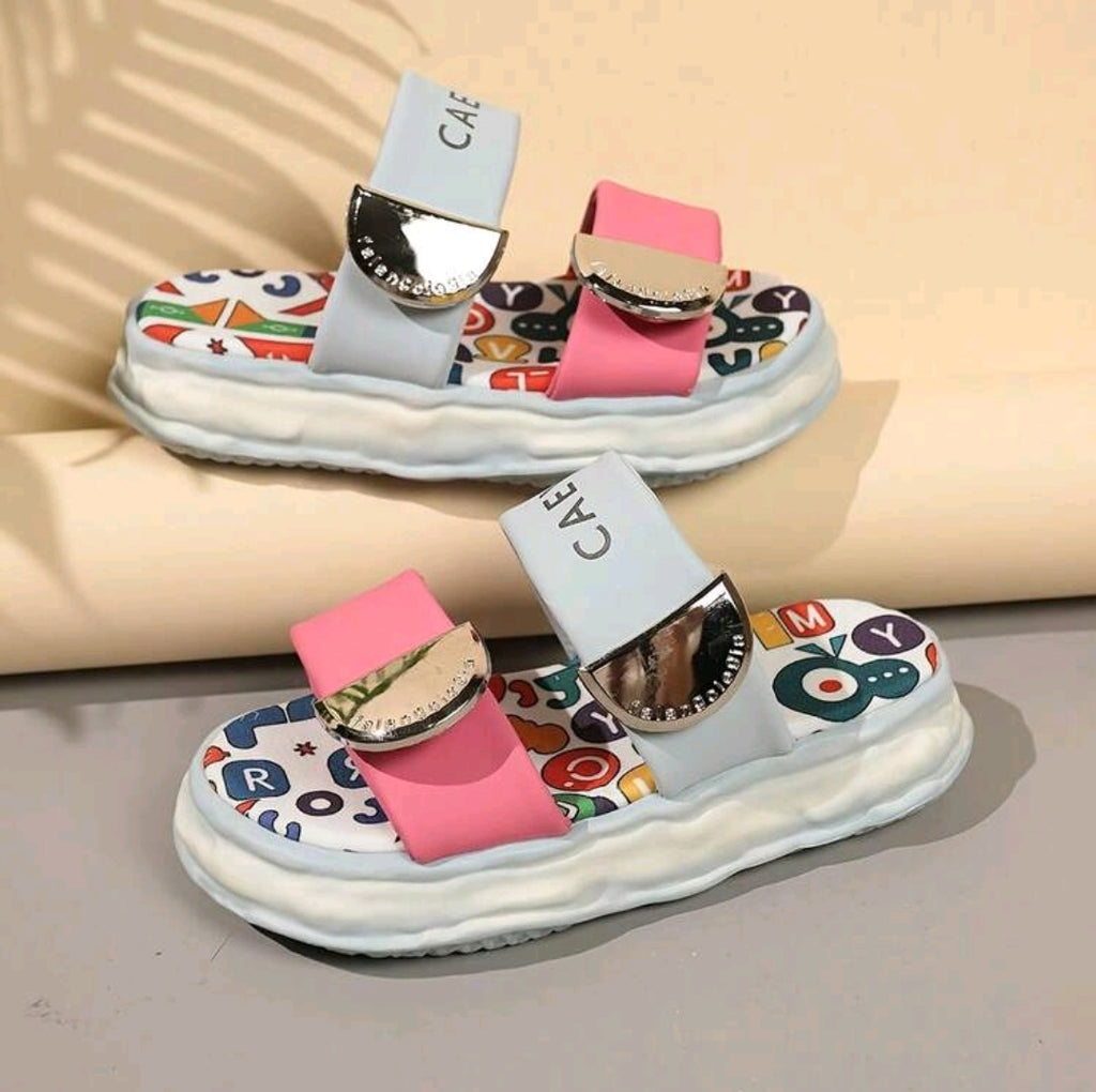Women's Thick Sole Minimalist Fashion Dopamine Graffiti Print Hook And Loop Sandals