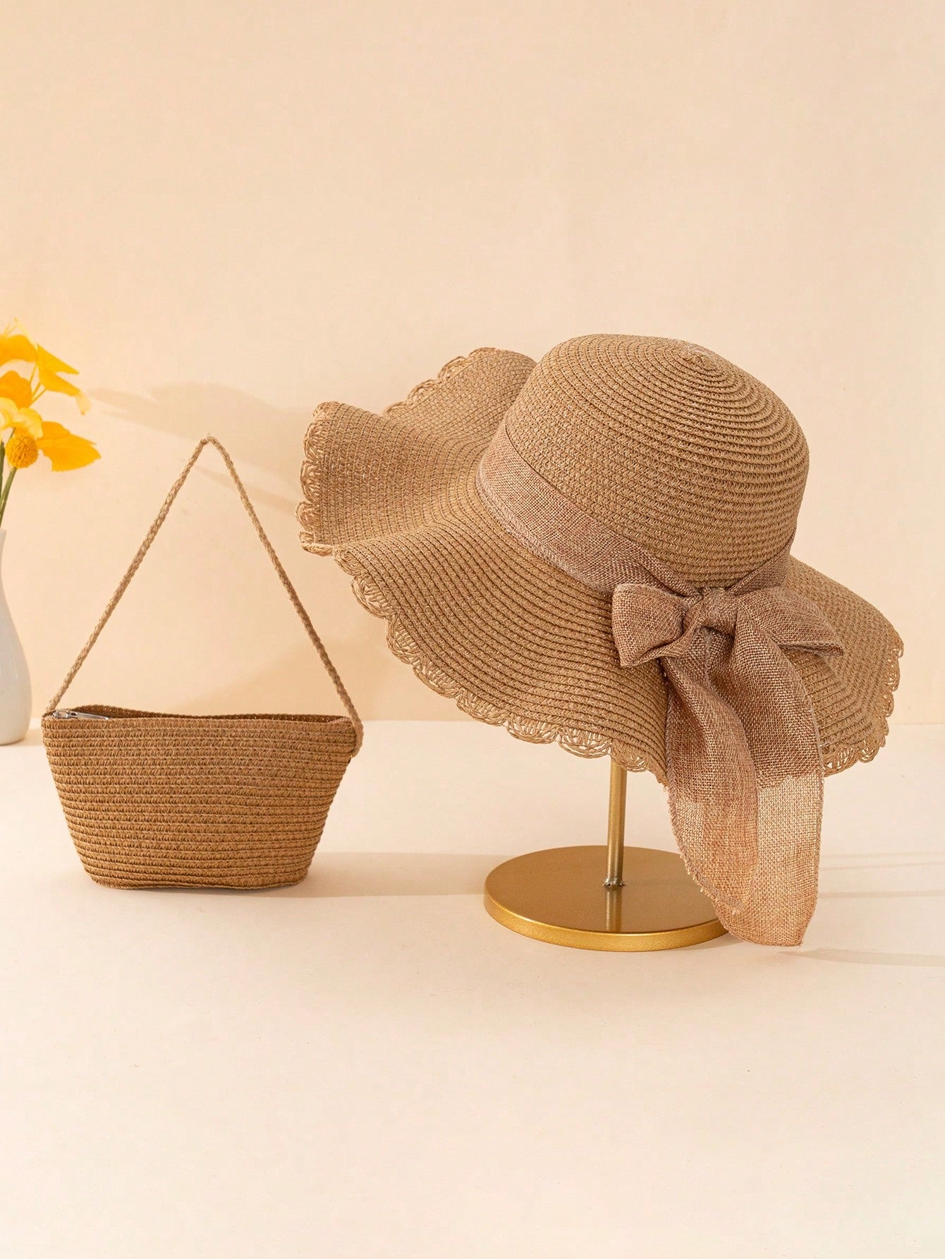 2pcs Women Khaki Wavy Bow Beach Sun Hat & Straw Crossbody Bag Set, Suitable For Vacation,Summer