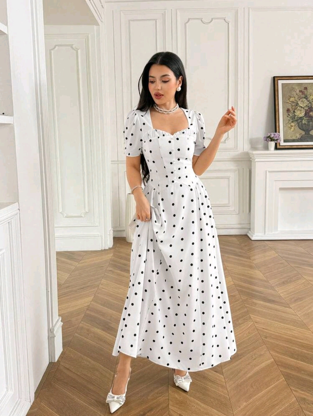 Modelyn Women's Elegant French White And Black Polka Dot Print Backless Long Dress, Summmer Tea Party