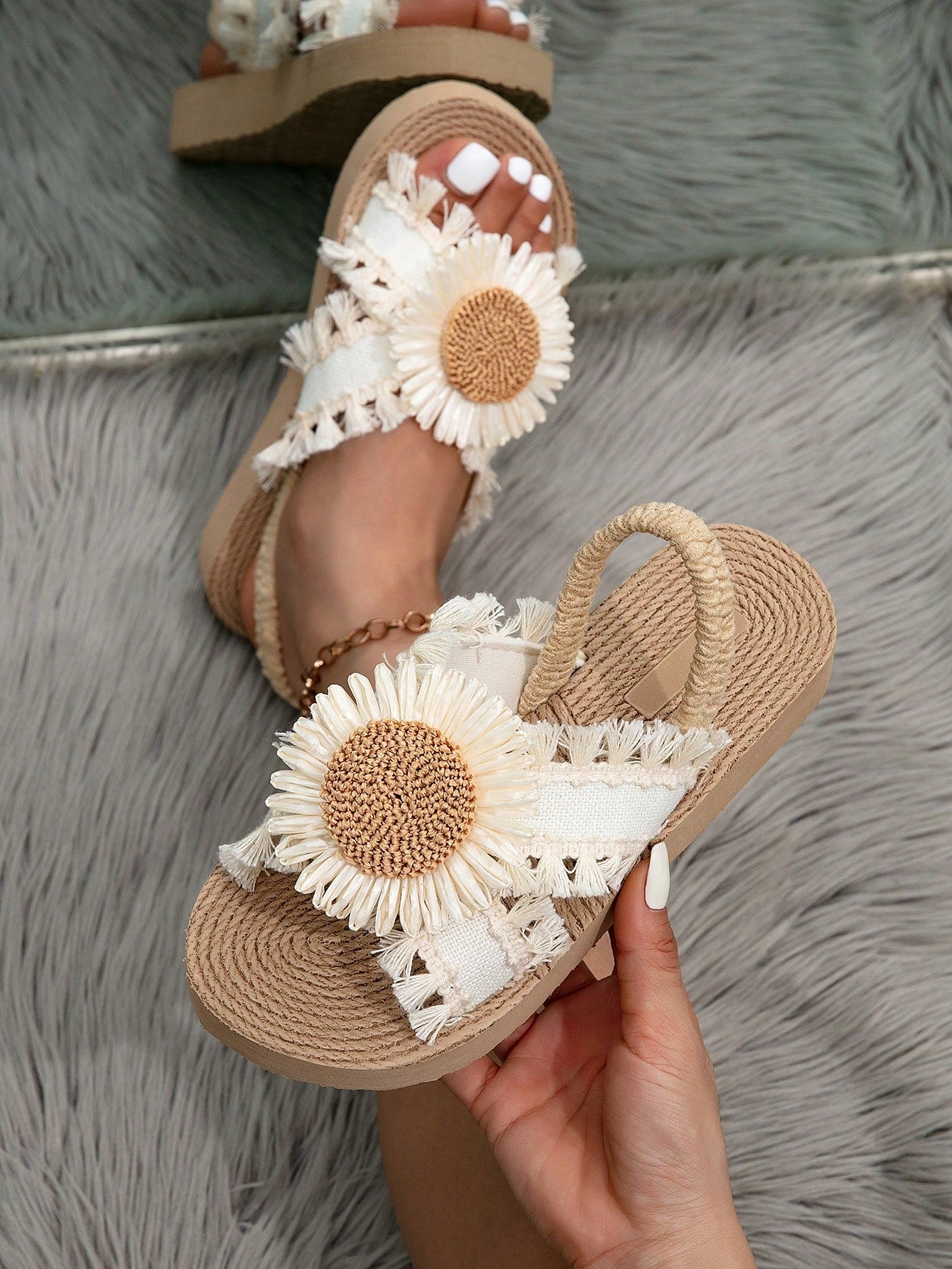 Women's Summer Wedge Sandals, Thick Sole Low Heel Open Toe Criss-Cross Strap Tassel Fringe Sandals, Brown, Beige, Suitable For Outdoor, Beach, Travel, Mix And Match, White